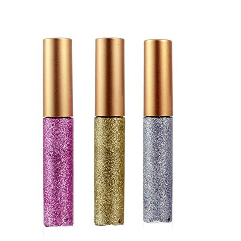 Liquid Glitter Eyeliner 3 Color Metallic Glitter Sparkling Eyeliner Face Eye Cosmetic Glow Shimmer Makeup Glitter Eye Shadow Long Lasting Sparkling Eye Shadow Gold Brown,Silver and Pink